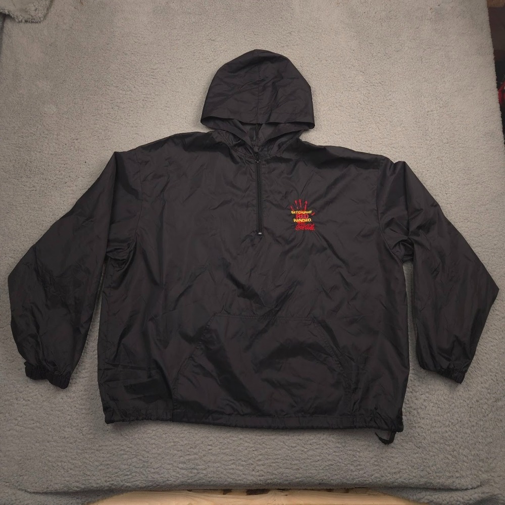 Vintage Coca-Cola Get Caught Red Handed Black Nylon Windbreaker Pullover Hoodie
